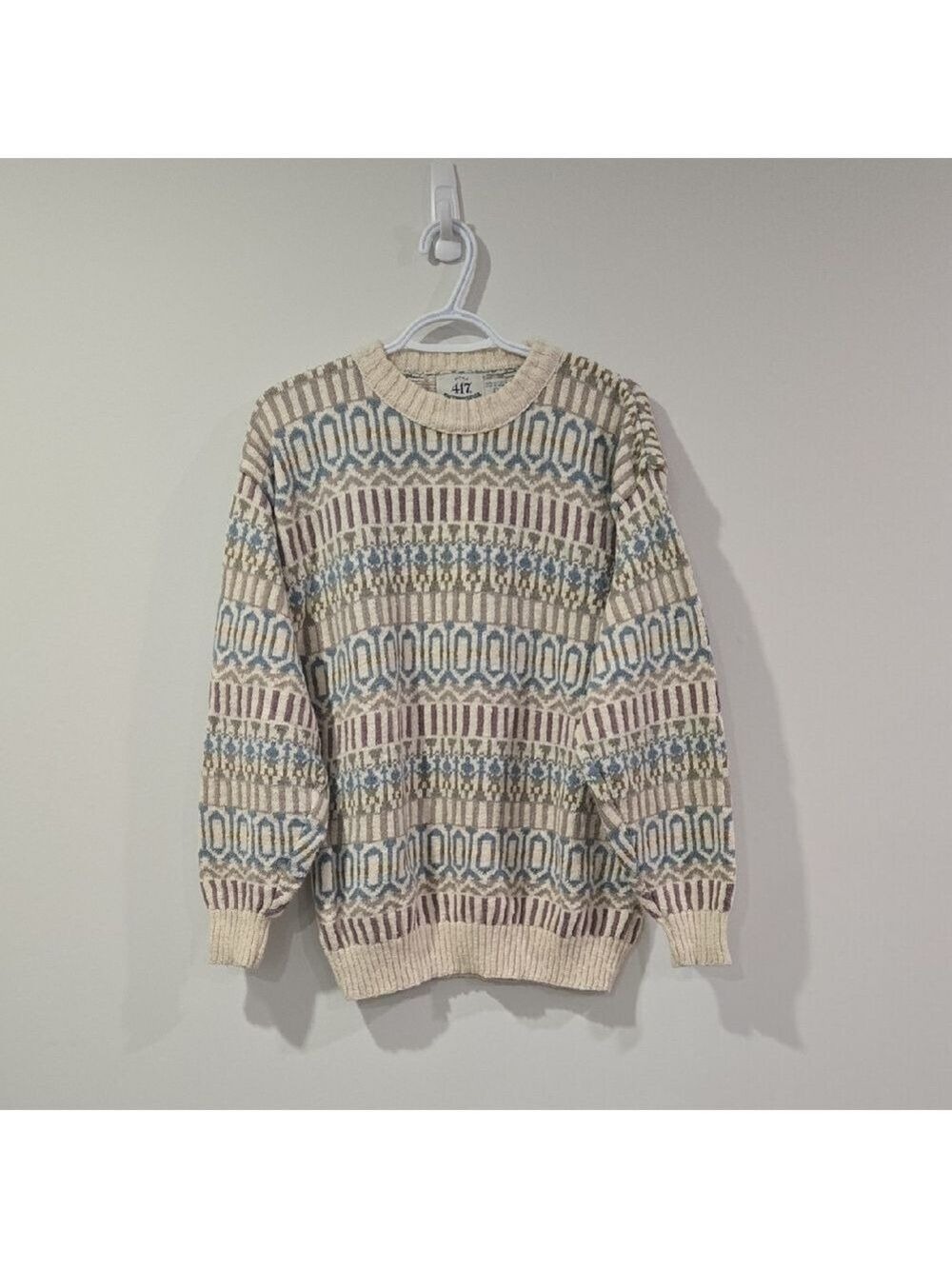 Retro 90's Van Heusen Beige and Blue Patterned Crewneck Cotton Knit Sweater